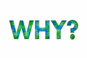 Blue and green puzzle pieces spell out the word "Why?"