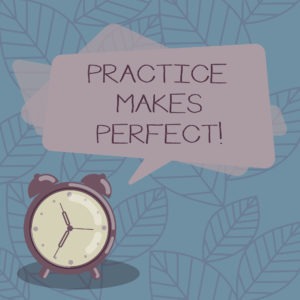 Clock and text "Practice Makes Perfect"